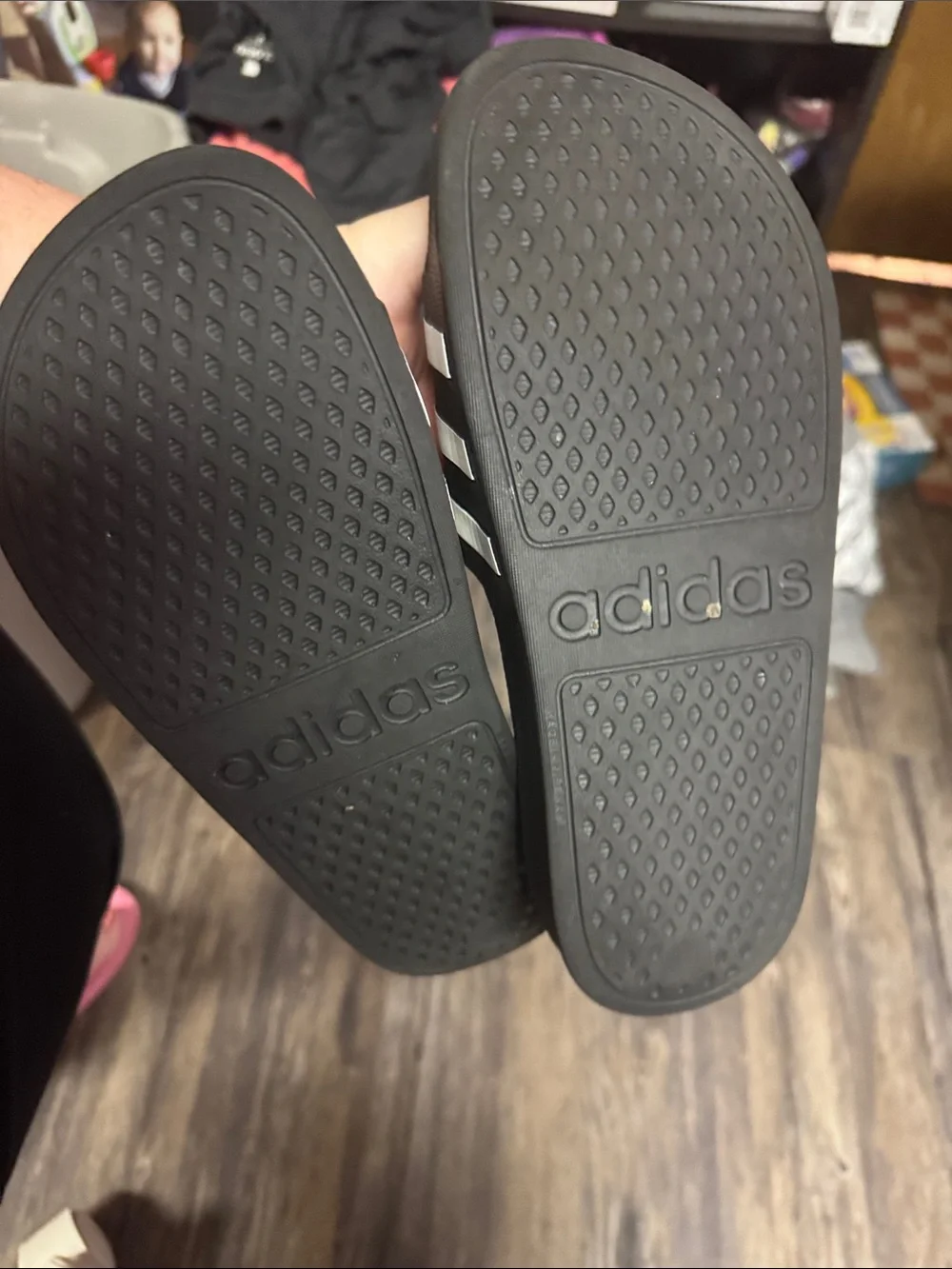 adidas Kids Black Slide Sandals with White Stripes